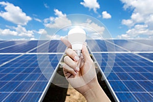 Solar energy panels and Light bulb in hand, energy