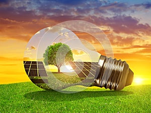 Solar energy panels in light bulb at sunset.
