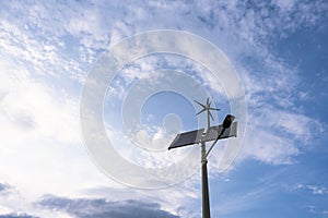 Solar energy panels power. Renewable photovoltaic technology with solar energy power panel and wind turbine. Alternative