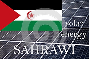 Solar energy panels with Sahrawi flag background. Sustainable resources and renewable western saharan energy concept