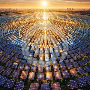Solar energy panels on sunset background. Photovoltaic cells, generative ai