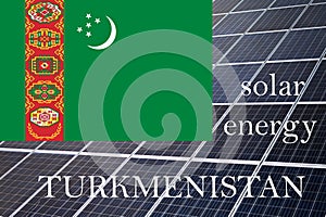 Solar energy panels with Turkmanistan flag background. Sustainable resources and renewable turkmenistani energy concept photo