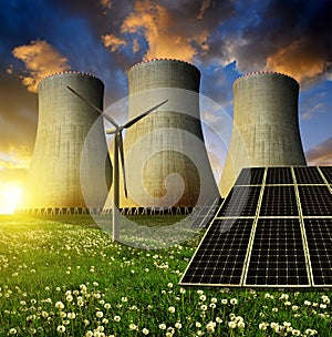 Solar energy panels, wind turbine and nuclear power plant