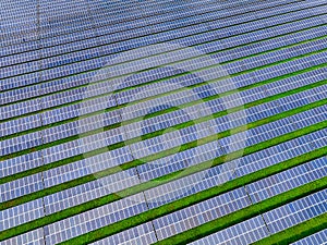 Solar farm and sun light. Solar power for green energy. Sustainable renewable energy. Photovoltaic power station or solar park.
