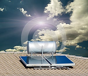 Solar heater panels on the roof alternative energy sun beams and clouds