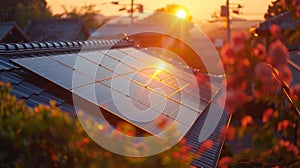 A solar panel absorbs the suns final rays on a rooftop at sunset, harnessing renewable energy for a greener world