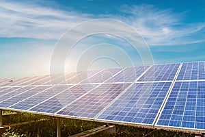 Solar panel against blue sky background. Photovoltaic, alternative electricity source