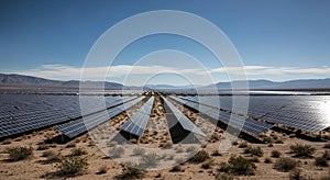 Solar Panel Array in Desert Landscape Under Clear Sky