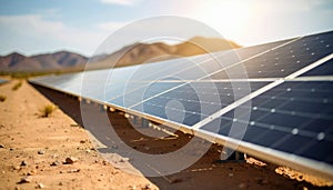 Solar panel array installed desert landscape with mountains