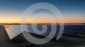 Solar Panel Array at Sunset in Open Field