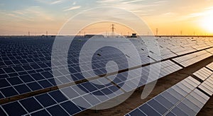 Solar Panel Array at Sunset in Open Field