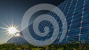 Solar panel background. Sun Above the Solar Farm. 3d rendering