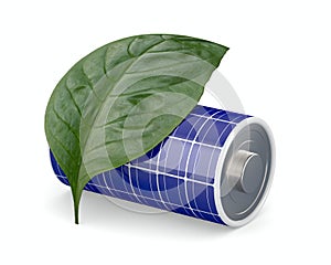 Solar panel battery and leaf on white background. Isolated 3D illustration