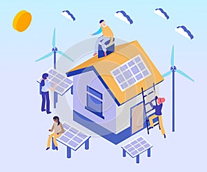 Solar Panel Been used in Houses Isometric Artwork Concept.