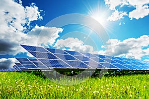 Solar panel on blue sky background