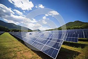 Solar panel on blue sky background. Panels installed in straight long rows. Green grass and cloudy sky