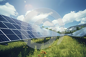 Solar panel on blue sky background. Panels installed in straight long rows. Green grass and cloudy sky