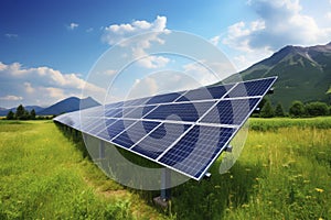 Solar panel on blue sky background. Panels installed in straight long rows. Green grass and cloudy sky