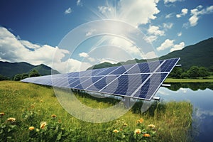 Solar panel on blue sky background. Panels installed in straight long rows. Green grass and cloudy sky