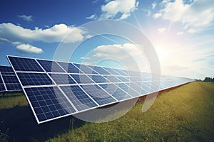 Solar panel on blue sky background. Panels installed in straight long rows. Green grass and cloudy sky