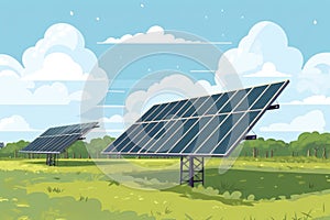 Solar panel on blue sky background. Panels installed in straight long rows. Green grass and cloudy sky