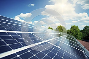 Solar panel on blue sky background. Panels installed in straight long rows. Green grass and cloudy sky