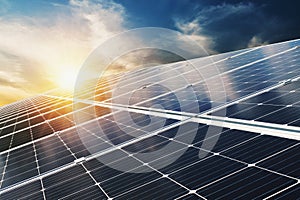 Solar panel with blue sky and sunset. concept clean energy, electric alternative, power in nature photo