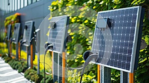 A solar panel charging station on the side of a building where visitors and tenants can plug in their electric vehicles