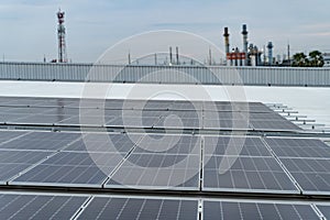 Solar panel close up on roof of the factory.