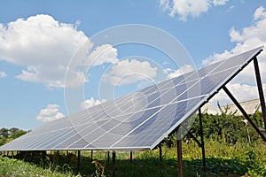 Solar panel on clouds blue sky background, Alternative energy concept, Clean energy, Green energy