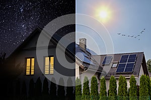 Solar panel day and night. The idea of ecology - solar energy at home. An example of the use of photovoltaics