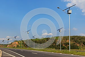 Solar panel on electric pole on highway, use of Solar energy fo