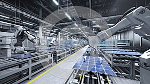 Solar panel factory with industrial robot arms, 3D illustration