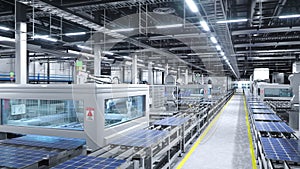 Solar panel factory with robotic arms placing solar cells on conveyor belts