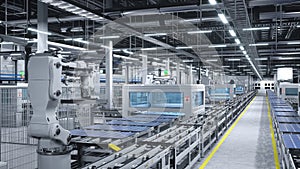 Solar panel factory with robotic arms placing solar cells on conveyor belts