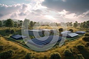 solar panel farm with battery storage units