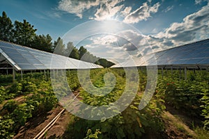 solar panel farm, harvesting the sun's energy to power bioenergy production