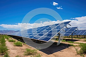 Solar panel farm under clear blue sky with distant mountains, harnessing renewable energy