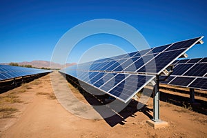 Solar panel farm under a clear blue sky with distant mountains, harnessing renewable energy