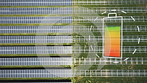 Solar panel field producing sustainable energy, graphics concept with battery.