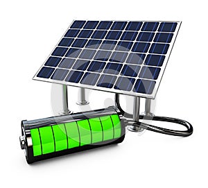 Solar panel with full battery, isolated on white background 3d illustration.