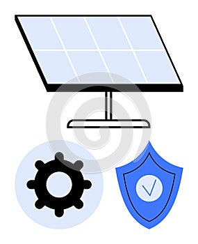Solar panel with gear and shield symbolizing renewable energy, system optimization, and security