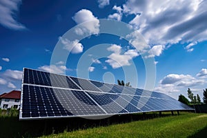 solar panel installation on the roof of a residential house with blue sky and clouds