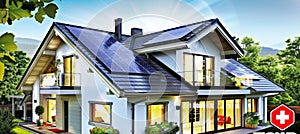 Solar panel integrated into modern house roof, harnessing solar energy for sustainable living