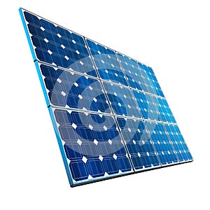 Solar panel isolated on a transparent background. Blue photovoltaic module with multiple cells angled in perspective