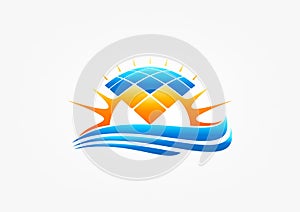 Solar panel logo, sun modul symbol, nature wave electricity, wind heating, power icon, and energy concept design