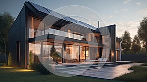 Solar panel modern house with panoramic windows. AI generated