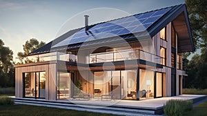 Solar panel modern house with panoramic windows. AI generated