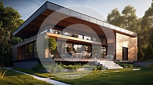Solar panel modern house with panoramic windows. AI generated