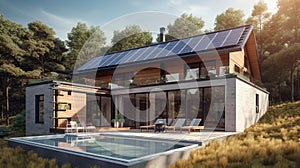 Solar panel modern house with panoramic windows. AI generated